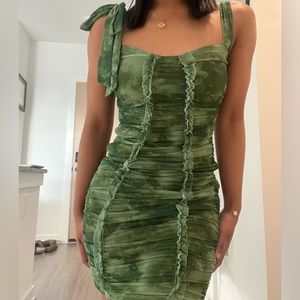 Ruched Green Dress with Tie Shoulders